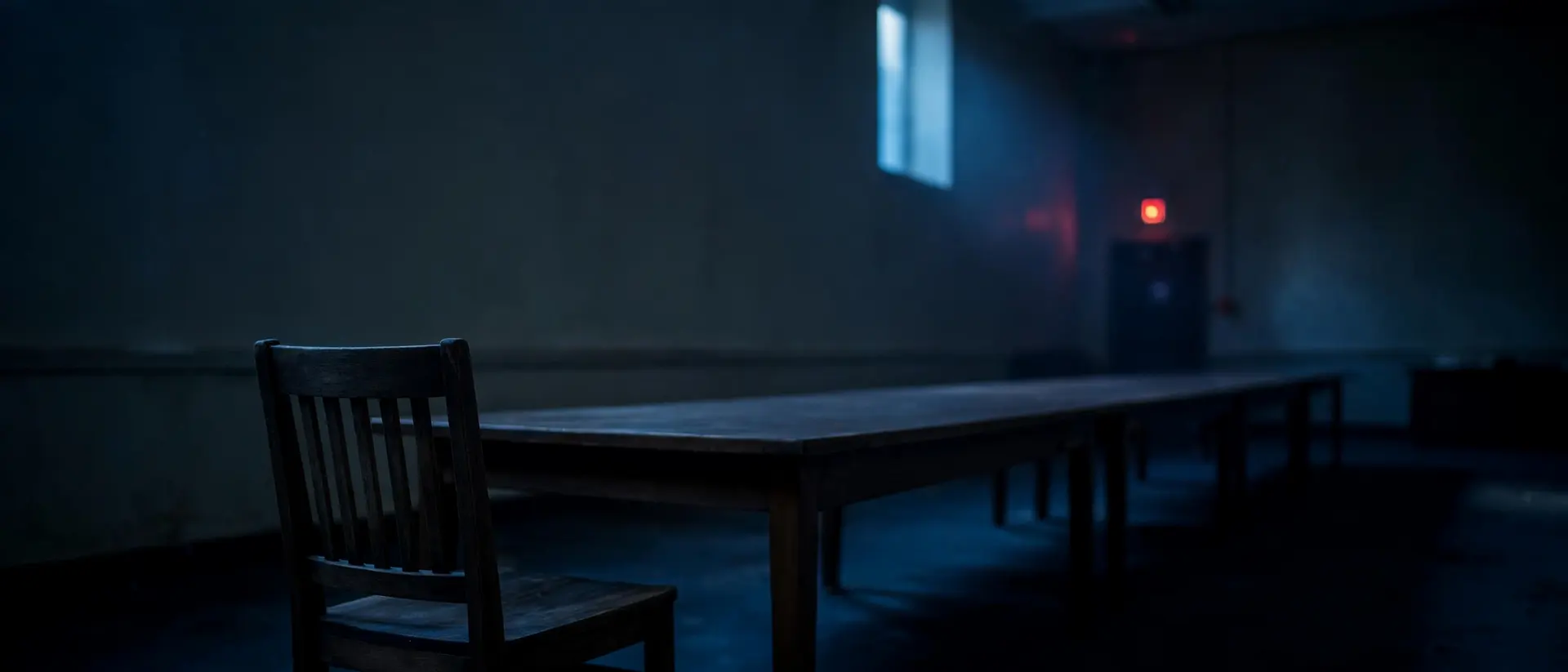 An empty chair facing a long table in a plain hearing room at dawn.