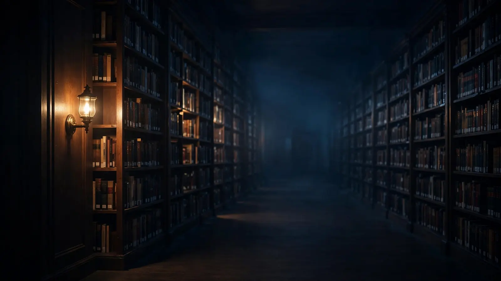 A corridor of law library shelves at night, dissolving into blur at the far end.