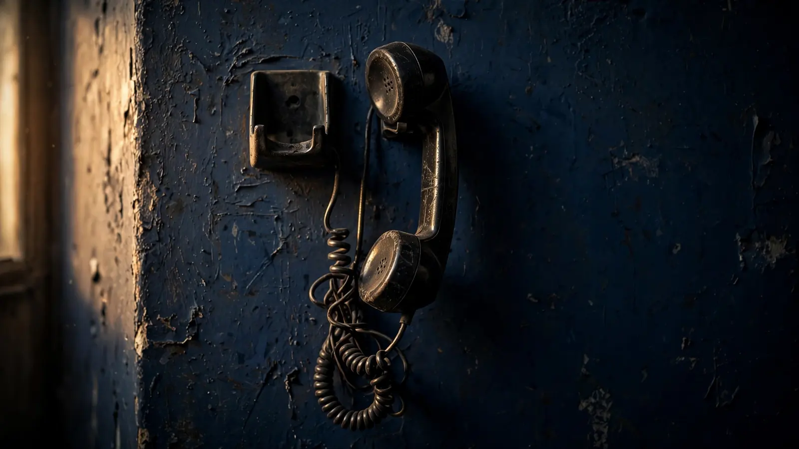 A worn public telephone handset resting off the hook on a navy wall.