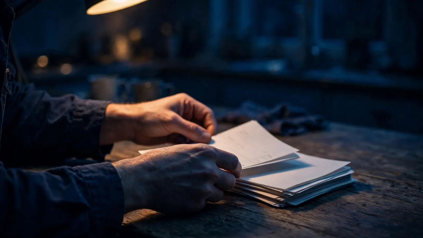 A person at a kitchen table at night putting papers and a payslip into order under one lamp.