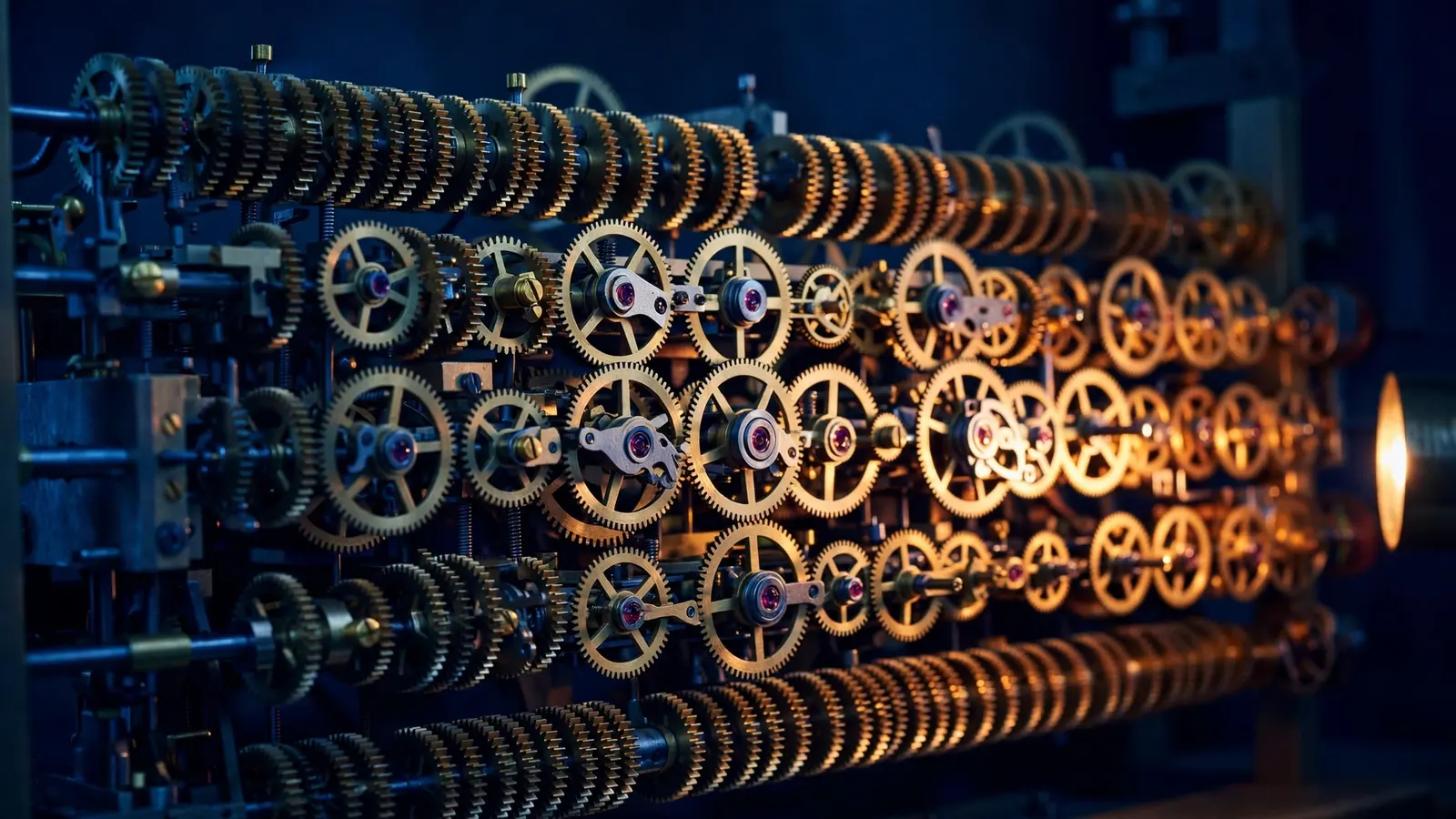 Rows of precision brass gears and escapement wheels, perfectly engineered and still.